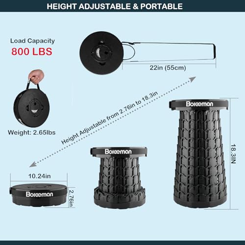 Image of Boreeman 2026 Upgraded Collapsible Stool Lightweight Yet Sturdy with Load Capacity 800lbs Portable Folding Stool for Camping Fishing Hiking BBQ (Black)