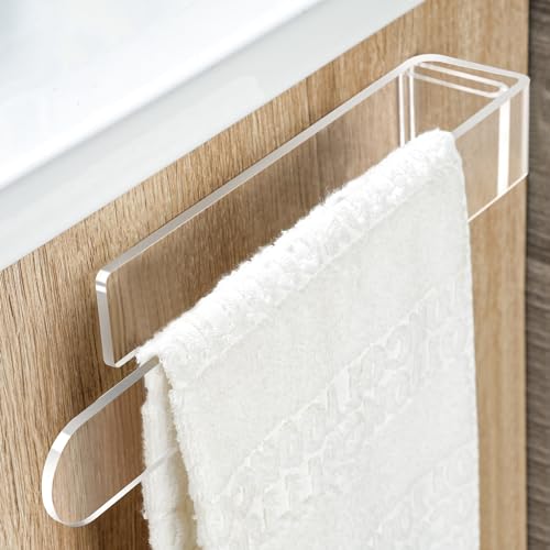 Image of Taozun Adhesive Towel Holder - Clear Towel Bar Stick on Wall, 11.8-Inch Acrylic Hand Towel Rack Plastic Towel Ring for Bathroom