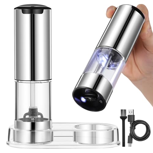 PRETYZOOM 2 Pièces Moulin électrique rechargeable en acier inoxydable Mécanisme céramique intégré pour cuisine moderne Set de deux moulins à épices avec support (KYMQ-37A-H-BS)