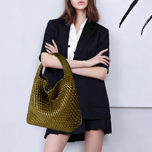 Image of Woven Tote Bag For Women, Large Vegan Leather Travel Handbag, Casual Work Shoulder Bag, Underarm Commuter Hobo Bag With Purse