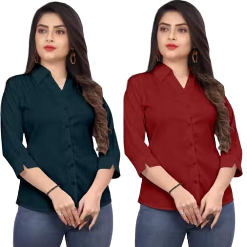 Image of Women's Solid Formal Shirt (Pack of 2)-Pink, Mint Green-1 P3