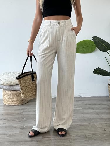 Women's Linen Pants Summer Striped Wide Straight Leg High Waist Beach Vacation Dressy Business Casual Trouser3