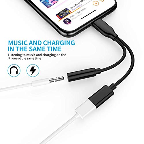 Headphone Adapter Jack 2 in 1 Adapter for iPhone Xs/Xs Max/XR/ 8/8 Plus/X (11) / 7/7 Plus Adapter Listen to Music Adapter Audio and Charge 3.5mm Splitter Converter Compatible with Adaptor Charger