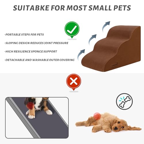 Image of Aodisman 3-Step Dog Ramp and Stairs for Sofa and Chair - Non-Slip Sturdy Pet Steps for Small Dogs and Cats,15.7 inch H,Brown