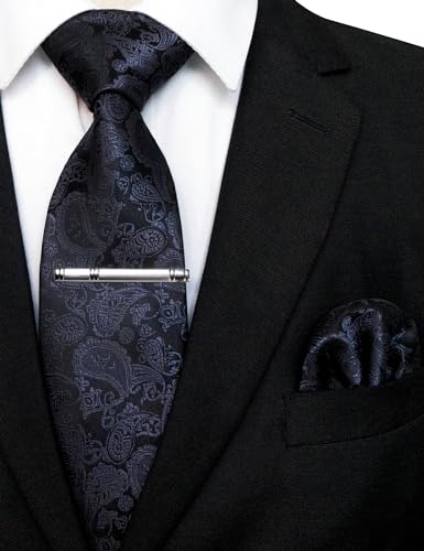 Image of JEMYGINS Mens Solid Color Paisley Necktie and Pocket Square with Tie Clip Sets