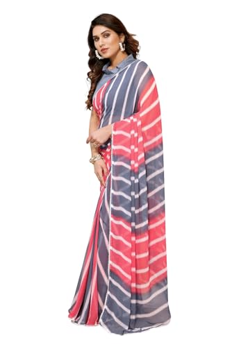 Image of ROOP SUNDARI SAREES Readymade Pleated Pre Drape Stitched Floral Printed Georgette Saree For Women's With Lace Border & Blouse(Ready To Wear One Minute)