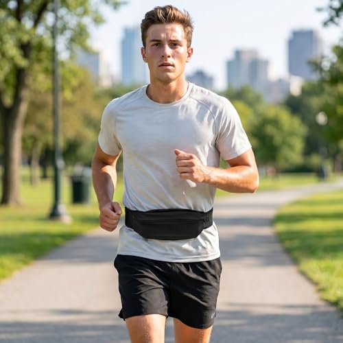 Runner wearing a broad black running belt while jogging through a park