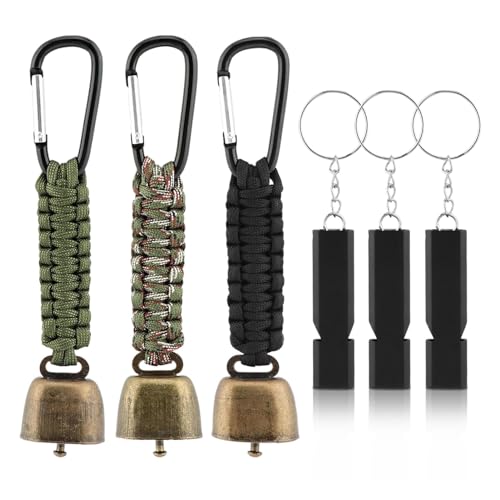 Ranjaner 3pcs Bear Bell with 3pcs Whistle Aluminum Bear Bells for Hiking and Emergency Whistle for Hiking, Biking, Fishing, Climbing, Outdoor Camping and Hiking Protection(Size:6 PCS)