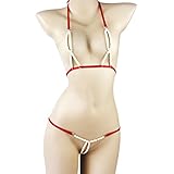SS Queen Women Sexy Pearl Halter Lingerie Set G-String Thong Bikini (red)