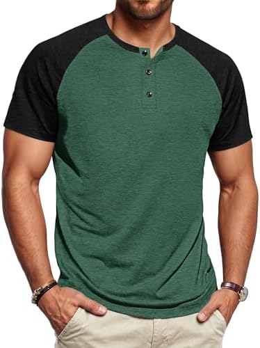 AUSELILY MEN Mens Henley Shirts Cotton Short Sleeve Beach Casual Shirt Camiseta Hombre Forest Green Black L