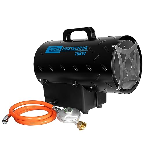 Güde Gasheizgebläse GGH 10 L (220-240 V, 10000 W Heizleistung, 580 m³/h Gebläseleistung, Piezozündung, Edelstahlbrenner, 700mbar Druckminderer, 1,5 m Gasschlauch), Schwarz