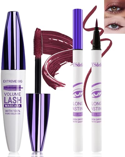 Burgundy Mascara Liquid Eyeliner Set,5D Waterproof Silk Fiber Colored Mascara Volume and...