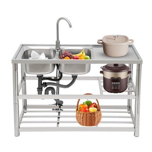 Edelstahl Spültisch Freistehende Küchenspüle 2 Becken 3 Ebenen Spülbecken Gastro Spüle mit Kalt und Warm Wasserhahn, Gewerbliche Edelstahlspüle für Restaurant Inkl. Zubehör 120x45x80 cm