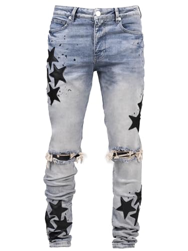 Ripped Stacked Jeans for Men Mid Rise Star Skinny Denim Pants Straight Leg Hip Hop Trouser Streetwear
