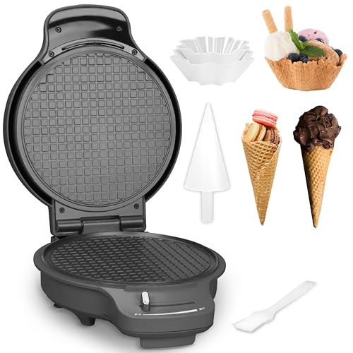 Baker's Friend Waffle Cone Maker Machine with Browning Control, 7.5” Ice Cream Cone Maker, Cone Roller & Bowl Press Included,Thin Waffle Maker Crispy, Nonstick Waffle Bowl Maker,Graphite