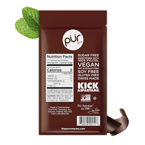 Image of PUR Gum | Aspartame Free Chewing Gum | 100% Xylitol | Natural Chocolate Mint Flavored Gum, 55 Pieces (Pack of 12)