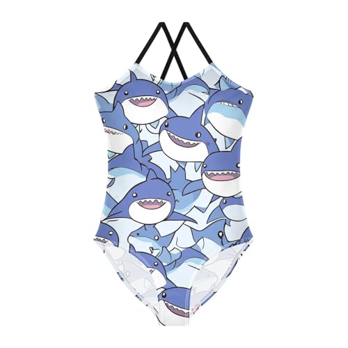 Cute Blue Shark Girls One Piece Swimsuits Cartoon Sport Halter Swimwear Beach Bathing Suit 3T
