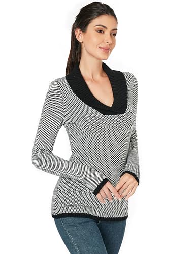 AmélieBoutik Women Color Trim Collar V Neck Long Sleeve Plaid Knit Sweater Tops