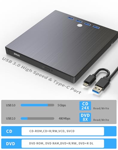 Image of External CD DVD Drive,9 in 1 USB 3.0 and Type-C CD Burner Player Writer with 4 USB Ports and 2 TF /SD Card Slots,Ultra Slim Optical Disk Driver for Laptop Mac PC Windows Linux OS