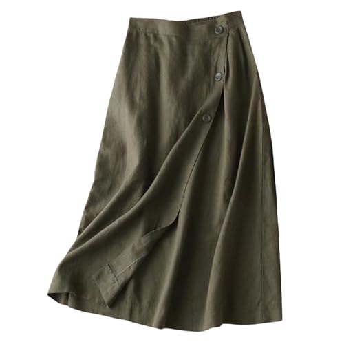 Giltpeak Womens Summer Linen Cotton Skirts Elastic High Waist, Casual Vintage Buttoned Swing Midi A-Line Skirt