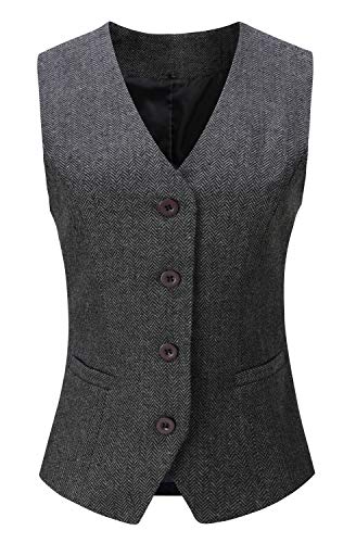 Vocni Women's Fully Lined 4 Button V-Neck Economy Dressy Suit Vest Waistcoat,Herringbone Grey,US S