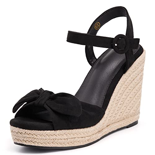 Coutgo Womens Espadrilles Wedges Bow Platform Sandals Open Toe Ankle Strap Summer Dress Heels Cute Shoes