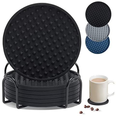 Drink Coasters Set of 6 with Holder, Silicone Bar Coasters Holder Tabletop Protection for Any Table Type, Wood, Glass, Stone Tables, Coasters, Bar - Perfect Silicone Coaster Fits All Glasses(Black) Cover