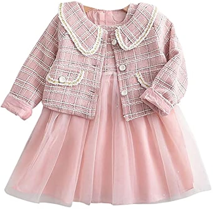 Amberetech Toddler Baby Girls 2PCS Princess Skirt Set Plaid Jacket and Long Sleeve One-Piece Dress Fall Clothes Set