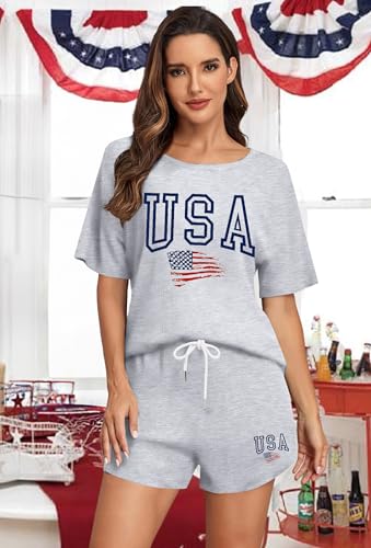 Image of VILOVE 4th of July 2 Piece Sequin Outfits Women Star Stripe Shirts and Short Sets Casual Patriotic Shirt Summer Set