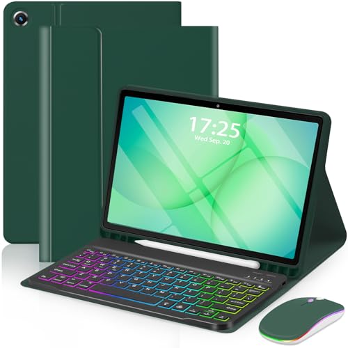 EAMPANG Case with Keyboard Mouse for Samsung Galaxy Tab A11 Plus/A9 Plus 2025/2023 11 inch,7 Color Backlight Detachable USB-C Keypad Magnetic Case with Pen Slot for Tablet A11+ A9+ 5G Dark Green