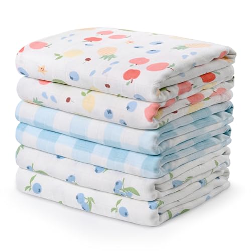 Image of GLLQUEN BABY Receiving Blanket Boy Cotton Muslin Swaddle Blankets Girl Newborn Squares Breathable & Soft Thin Baby Blankets Cloths Double Absorbent Infant Swaddling Wrap - 6 Pack (Azure Berry Dream)