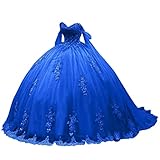 Ftupza Lace Appliques Dress 15 Quinceanera Dresses Off Shoulder Ball Gowns for Women Formal Puffy Cheap Prom Dresses with Train Royal Blue 4