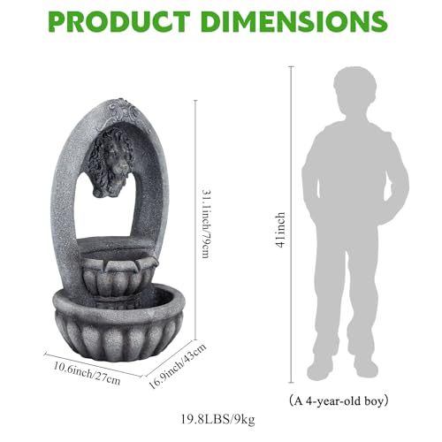 Image of Lion Head 2-Tier Outdoor Water Fountain, Resin & LED, 31.1 in