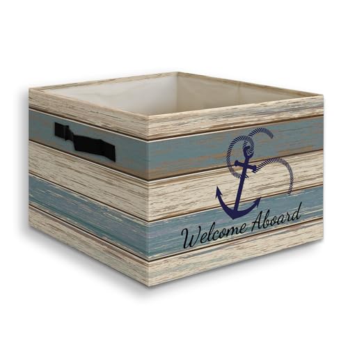 JUIOEIU Vintage Nautical Anchor Foldable Storage Bins Box with Handles, Welcome Aboard Ocean Collapsible Organizer Basket for Home Bedroom Bathroom Clothes Toys Books