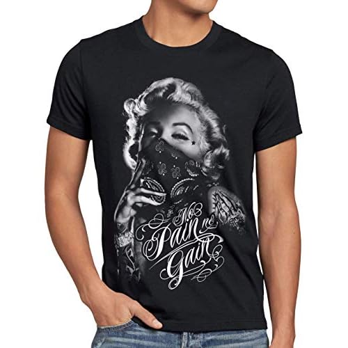 style3 Marilyn Tattoo 'No Pain' Camiseta para Hombre T-Shirt Rock Monroe tatuar USA, Talla:L