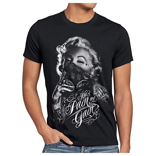 style3 Marilyn Tattoo 'No Pain' Camiseta para Hombre T-Shirt Rock Monroe tatuar USA, Talla:L