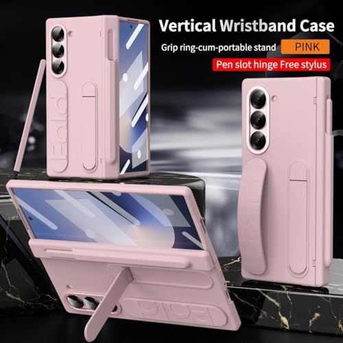 Coque Samsung Z Fold 6 haut de gamme rose avec béquille et porte-stylo
