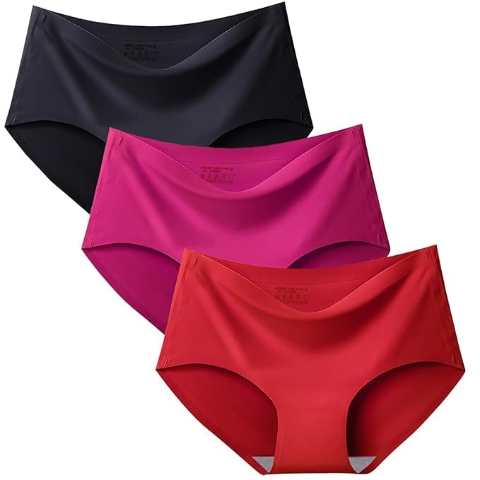 Women/Girls Ice Silk Seamless Panty Mid Rise No Show Laser Cut Invisible Panti (L, Black/Rani/Red)-image-4