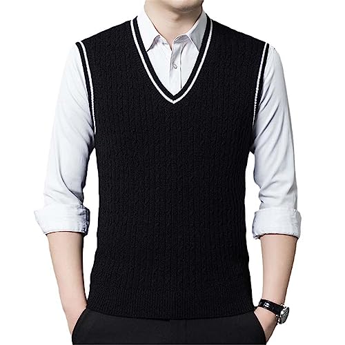 Young Men Wool Knit Vest Sweater Jumpers Sleeveless England Style V Neck for Autumn Winter Contrast Rim Casual