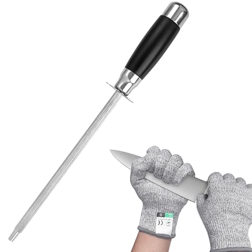 Diamond Knife Sharpener, 19cm Sharpening Steel, Diamond Steel Knife Sharpener with Cut-Resistant Gloves, Knife Sharpeners, Knife Sharpeners Rod Suitable for All Tools
