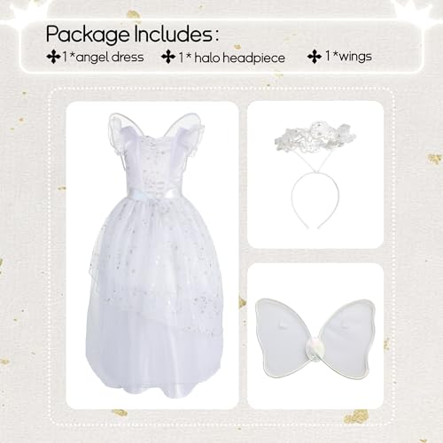 Wizland Girls White Angel Costume with Halo Headpiece and Wings,Angel Fancy Dress for Christmas Nativity 3-4 years - Image 4
