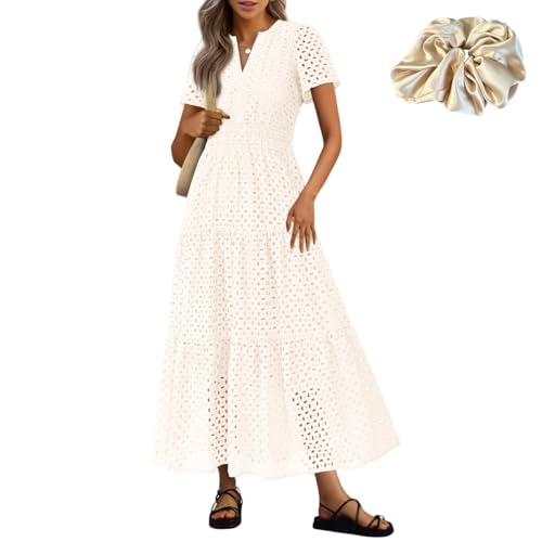Womens 2026 Summer Maxi Dress Short Sleeve Eyelet a Line