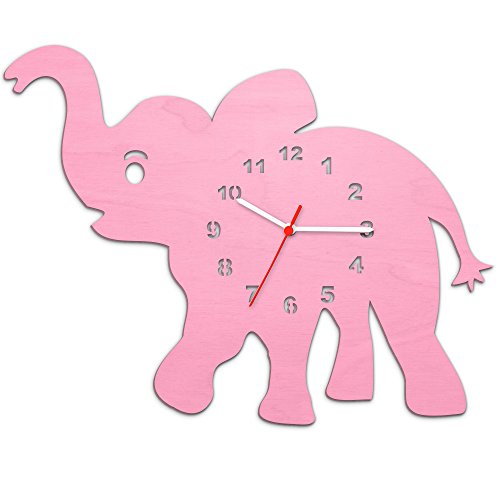 GRAVURZEILE Reloj de Pared Infantil de Madera con diseño de Elefantes para niñas y niños, sin tictac, Movimiento silencioso, 30 cm, tamaño Grande en 5 Colores, Fabricado en Alemania, Color Rosa