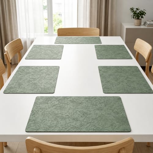 Image of Yelona Premium Faux Leather Placemat Set of 6 | Printed Floral Design, Waterproof & Heat Resistant Table Mat | Non-Slip, Washable for Dining, Kitchen & Home Decor (Green, 43 x 30 cm)