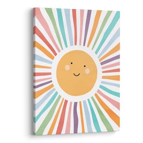 Image of XWELLDAN Cute Cartoon Smiling Sun Cheerful Nursery Wall Art Canvas Prints,Watercolor Boho Neutral Sun Sunshine Wall Art Decor for Kids Baby Bedroom Nursery Playroom, 11 x 14 Inch（multi color）