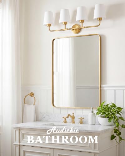 Image of 4-Light Gold Bathroom Light Fixtures with White Fabric Shades | 30 inch brushed gold bathroom vanity light, E26 sockets, ideal for 42-60 inch mirrors and master bathrooms, AD-25052-4W-GD