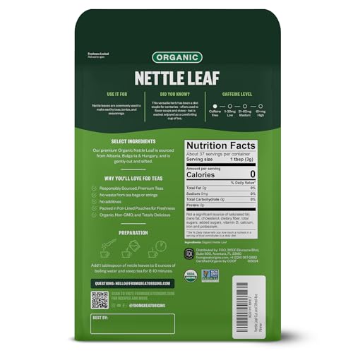 Image of FGO Organic Nettle Leaf Loose Tea, Cut and Sifted, Caffeine Free, 4oz Resealable Bag, Packaging May Vary (Pack of 1)