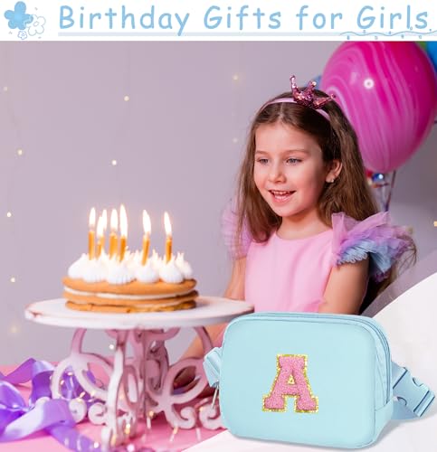 Image of COSHAYSOO Birthday Initial Gifts for Teen Girls 6 7 8 9 10 11 12 13 14 Year Old, Girl Fanny Pack Belt Bag Crossbody Shoulder Purse Blue Chenille Letter S
