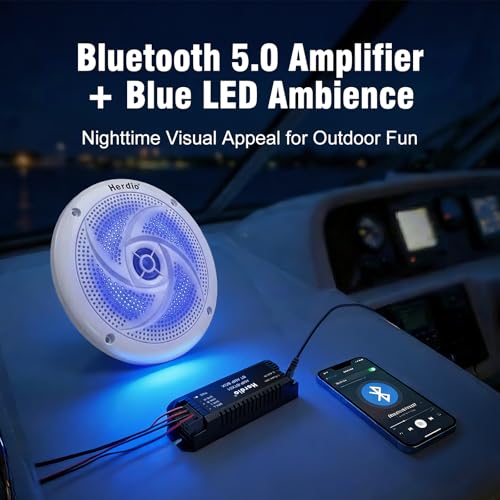 Image of Herdio 5.25 inch Bluetooth Marine Speakers, Low Profile Slim Design with LED Lights, 160W 2-Way Weather Resistant Outdoor Audio, Suitable for Boat, RV, UTV, ATV, Golf Cart (2-Pack, White)