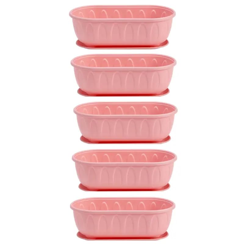Image of StyleX Store Plastic Rectangle Round Corner Flower Pots with Drainage Hole Saucers Durable Outdoor Indoor Planters with Tray Plant Containers for Balcony, Garden, Home & Office (Set of 5 Pink)